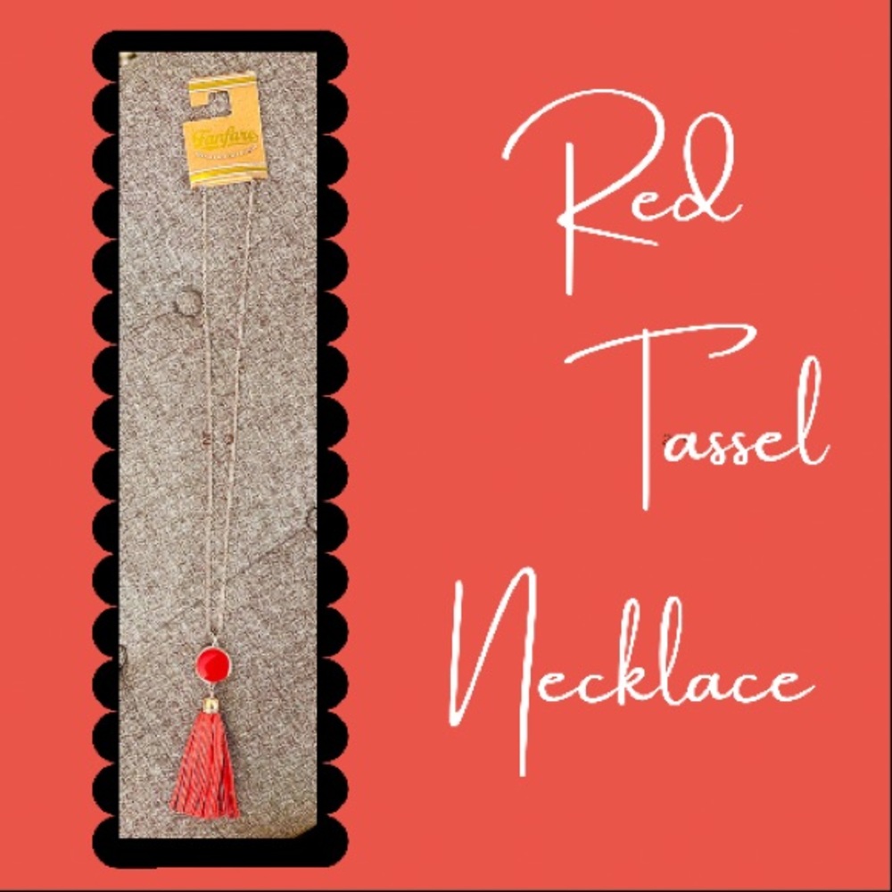 Long red tassel necklace on gold chain by FANFARE